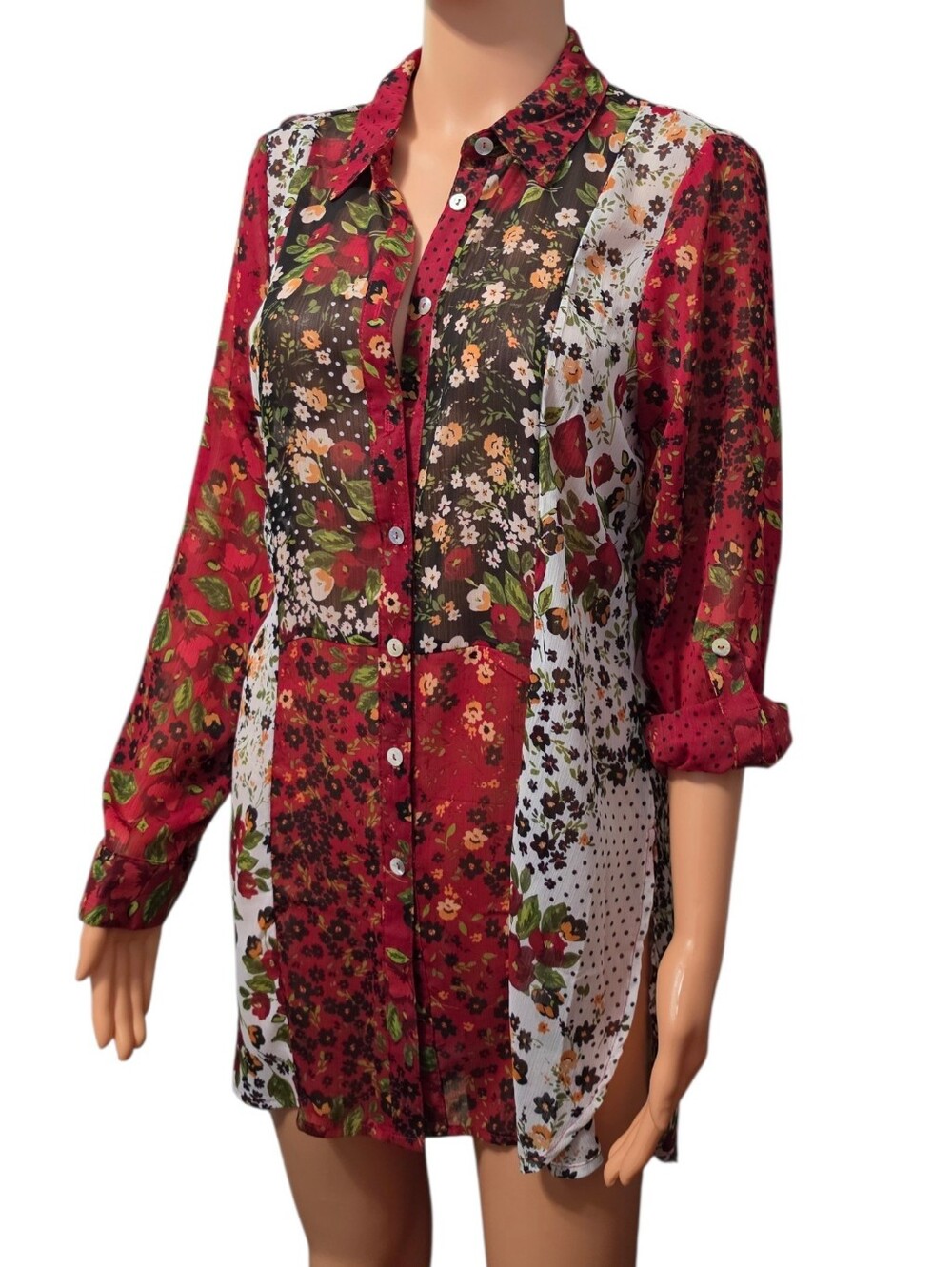 Hope Springs Floral Patchwork Cottagecore Sheer Boho Tunic Blouse Romantic Sz M